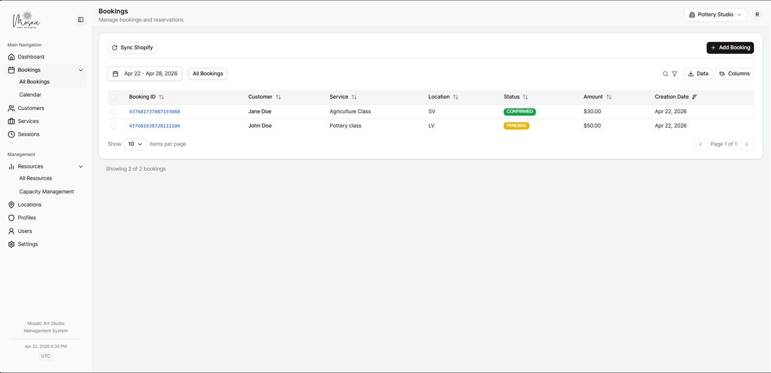 Bookings list view with search and filter options